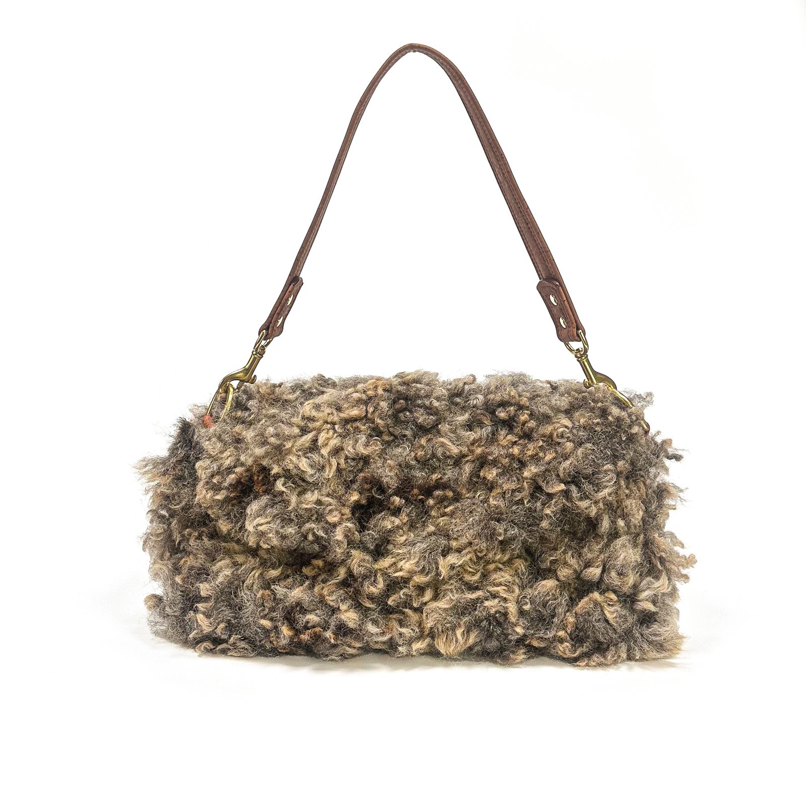 Brown-bag-002-front2 White felted wool handbag with natural fleece texture and cork strap, WoolBorne Signature Cloud No. 001
