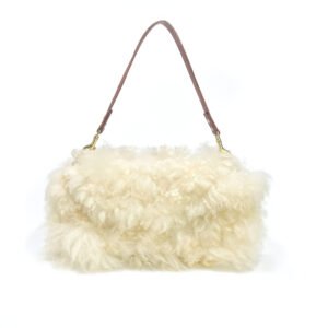 White felted wool handbag with natural fleece texture and cork strap, WoolBorne Signature Cloud No. 001