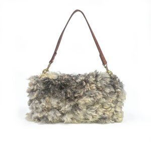 Front view of gray felted wool handbag with cork strap, WoolBorne Signature Cloud No. 003