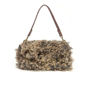 Front view of brown felted wool handbag with cork strap, WoolBorne Signature Cloud No. 005