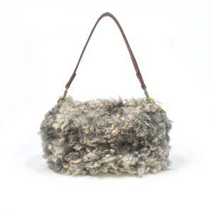 Front view of gray felted wool handbag with cork strap, WoolBorne Signature Cloud No. 006